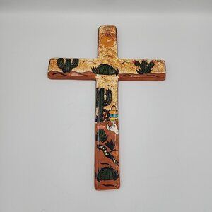 Mexican Talavera Pottery Wall Cross Home Decor 13 x 9" Southwestern Cactus